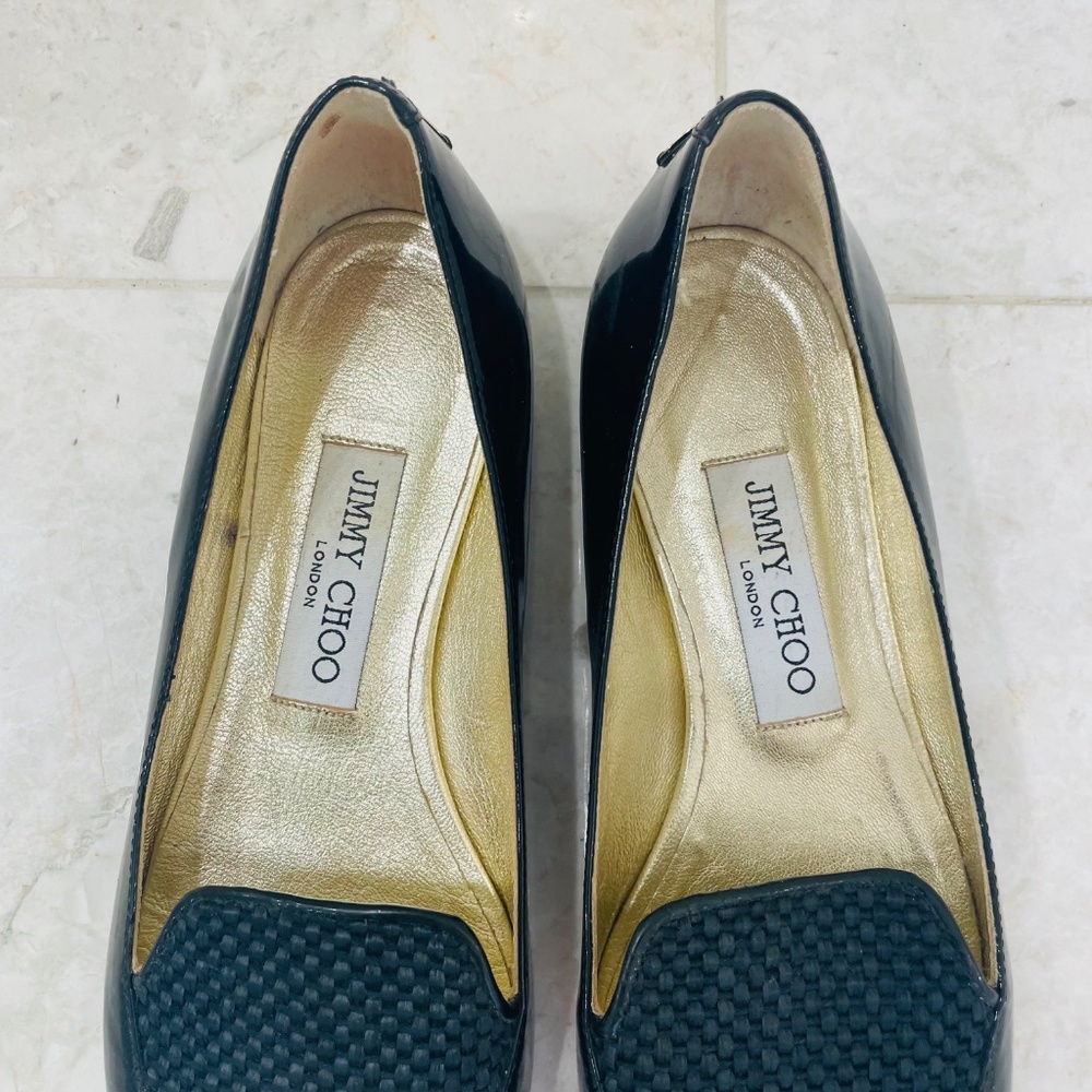 JIMMY CHOO {37.5} Loafers Black Patent Leather Fabric Pointed Toe - Picture 2 of 10